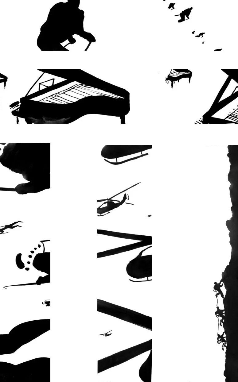 Silhouetten von Menschen beim Klettern, Spielzeugflugzeugen, einer Schneeschuhwanderung und einer Pianoszene in Schwarz-Weiß
