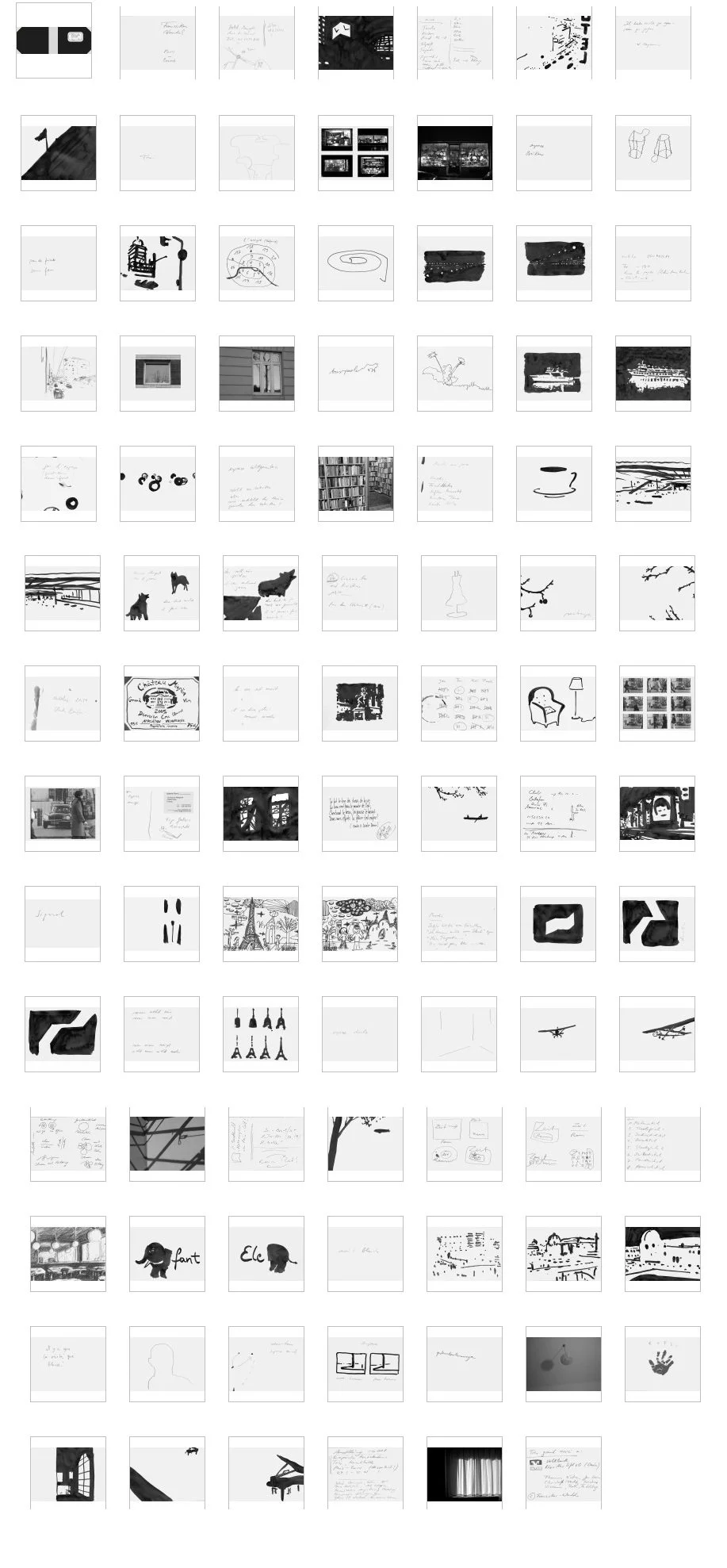 Eine Sammlung von zahlreichen Schwarz-Weiß-Fotos, Skizzen, Notizen und Illustrationen, die auf einzelnen Seiten verteilt sind, inklusive Gebäude, Tieren, Gegenständen und schriftlichen Texten.