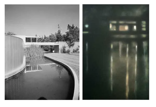 Linkes Bild: moderner Gebäudeteil mit Wasserbecken im Freien, rechts daneben Bäume. Rechtes Bild: dunkler, spiegelnder Wasseroberfläche mit Gebäudefenstern im Hintergrund.