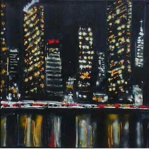 Ölgemälde einer Stadt bei Nacht mit hoch aufragenden, beleuchteten Wolkenkratzern und reflektierenden Lichtern auf einem Fluss.