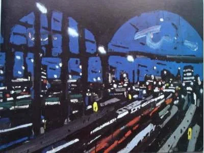 Illustration eines nächtlichen Bahnhofsszene im Stil eines Pop Art, mit Zügen, Bahnsteigen und einem großen runden Fenster im Hintergrund.