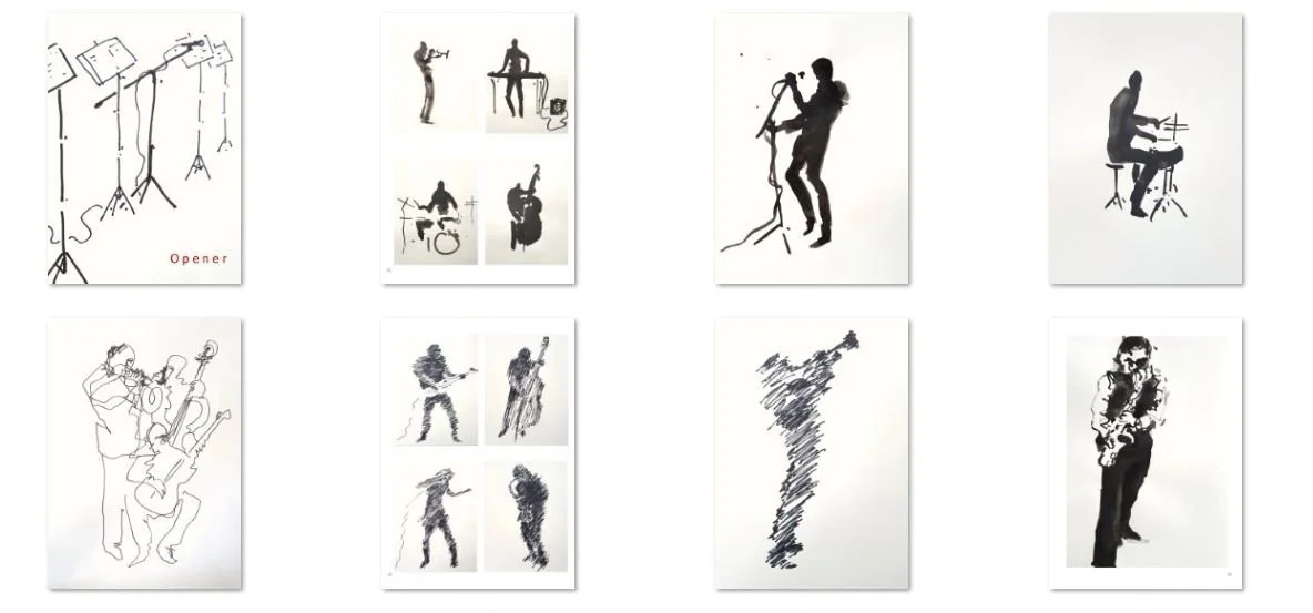 Skizzen und Abbildungen von Musikern und musikalischer Vorbereitung, einschließlich eines Opener-Tools, Musiker beim Spielen verschiedener Instrumente und einer Visualisierung eines Blitzes.