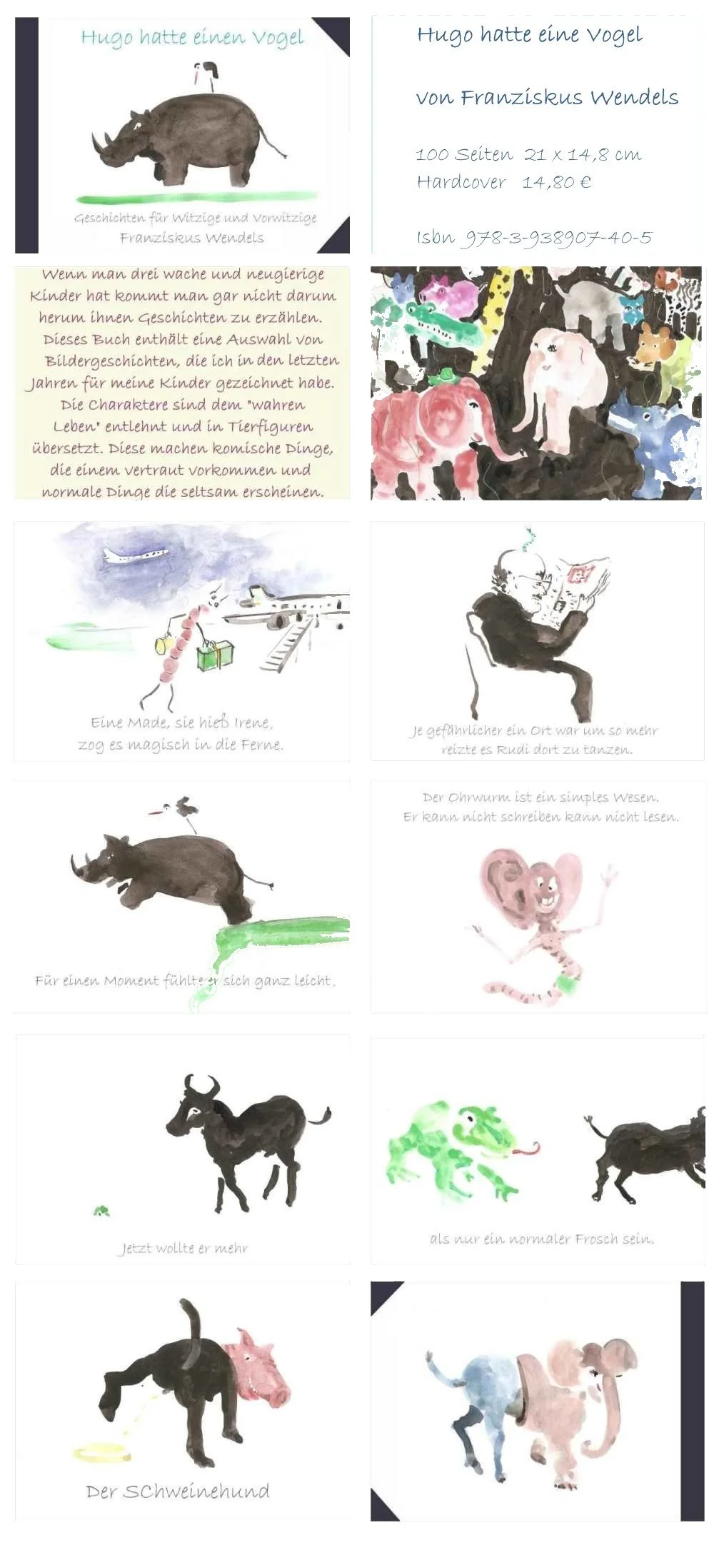 Buchcover und Ausschnitte aus einem illustrierten Buch mit Wasserfarbenzeichnungen. Der Text beschreibt eine Geschichte über einen Vogel namens Hugo, eine Figur namens Irene, einen Döner im Flugzeug, eine Eule, ein wildes Tier, ein Tier mit einem Ges