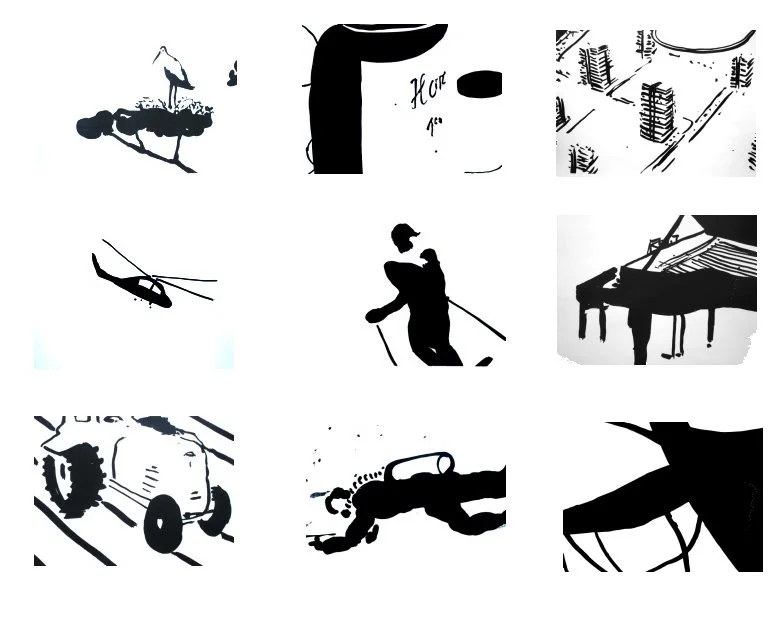 Silhouetten von verschiedenen Tieren und Gegenständen, darunter ein Vogel, ein Auto, eine Person mit Ski, ein Klavier, ein Hubschrauber, ein Fahrrad, eine Person mit Tauchausrüstung, und ein Gebäude