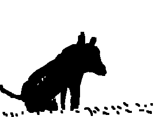 Silhouette eines Cowboys auf einem Pferd mit einem Hund, die durch Schnee gehen.