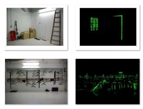 Vier Bilder zeigen verschiedene Innenräume und eine digitale Animation. Die oberen beiden Bilder sind ein leerer Raum mit Baumaterialien und eine digitale Animation eines grünen rechteckigen Musters auf schwarzem Hintergrund. Die unteren beiden Bilde