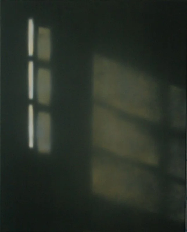 Schatten und Lichtreflexe auf einer dunklen Wand, durch Fensterfronten erkennbar.