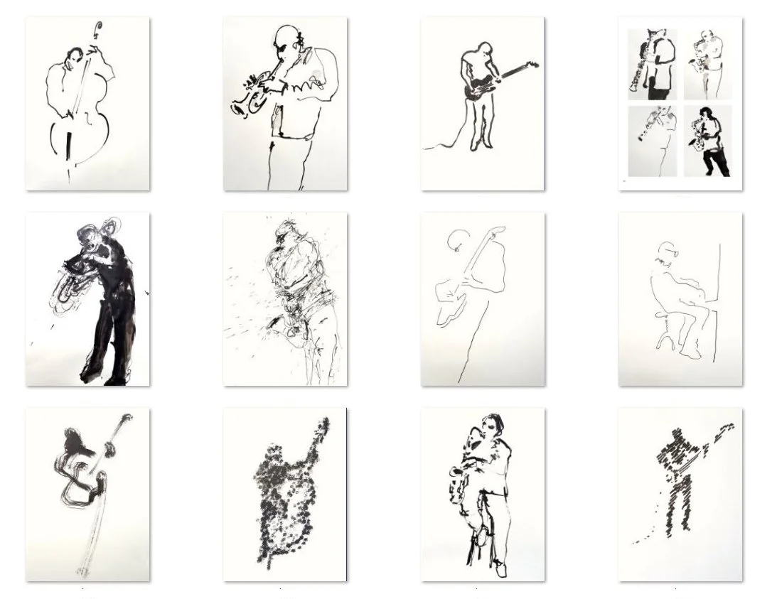 Schwarz-weiße Skizzen verschiedener Musiker, darunter Geiger, Saxophonist, Gitarrist und Drummer.