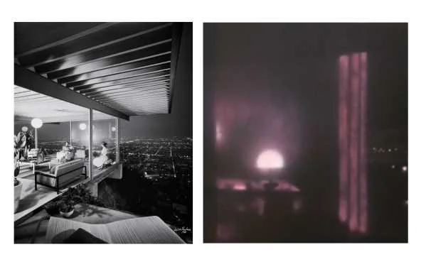 Zwei Fotos, links ein moderner Balkon mit Sitzecke bei Nacht, Blick über die Stadt, rechts eine dunkle Szene mit einer leuchtenden, pinkfarbenen Lichtersäule und einem hellen, runden Licht im Hintergrund.