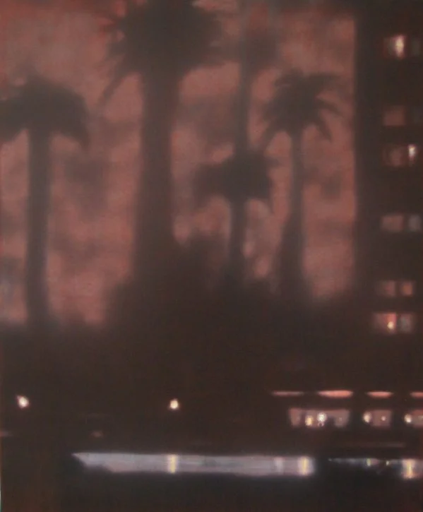 Schatten von Palmen und einem Gebäude bei Sonnenuntergang oder Nacht