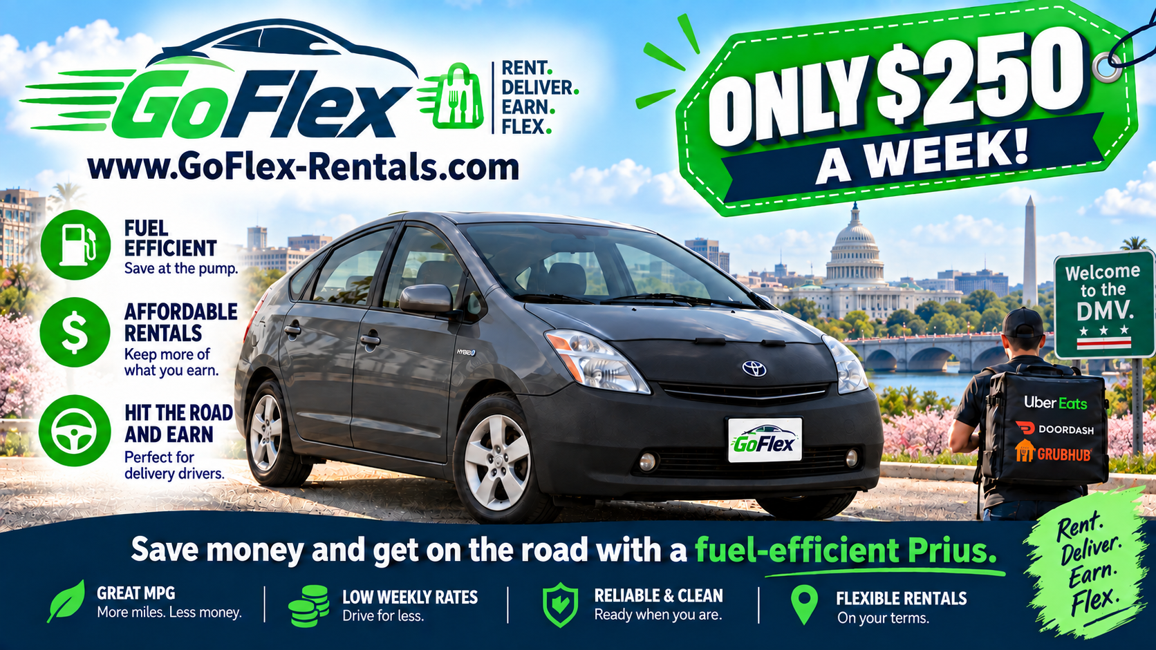 GoFlex rental advertisement featuring a fuel-efficient Toyota Prius, delivery driver, Washington, D.C. skyline, and rentals for $250 per week.