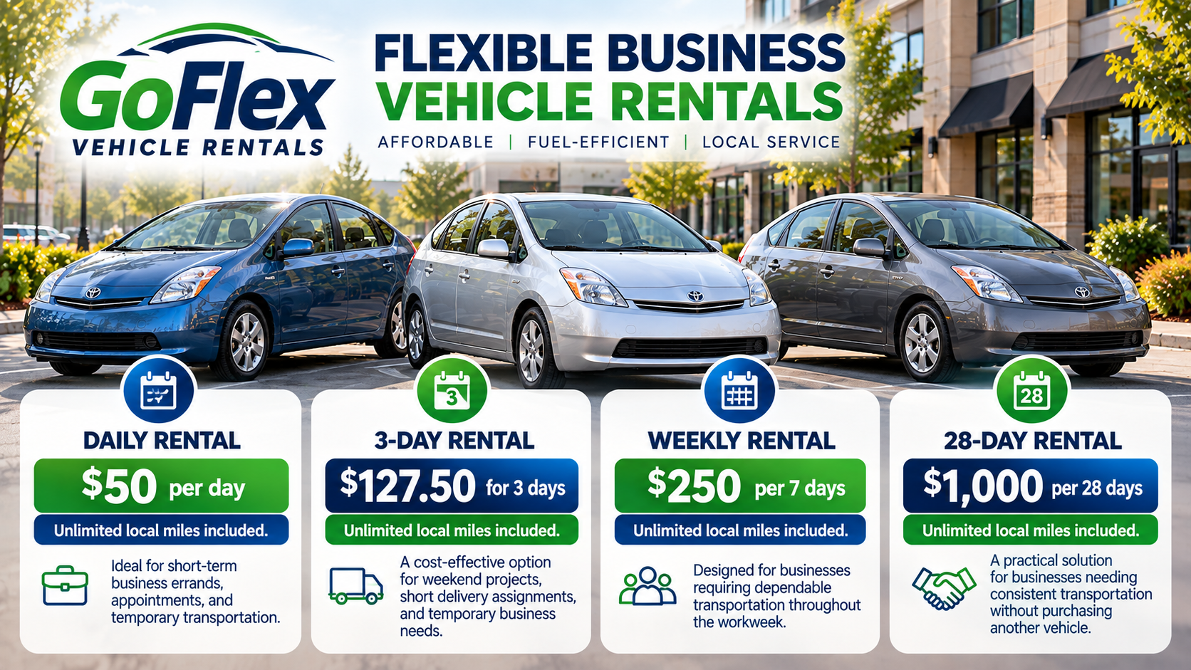 GoFlex vehicle rentals advertisement featuring three Toyota Prius cars and daily, 3-day, weekly, and 28-day rental rates.