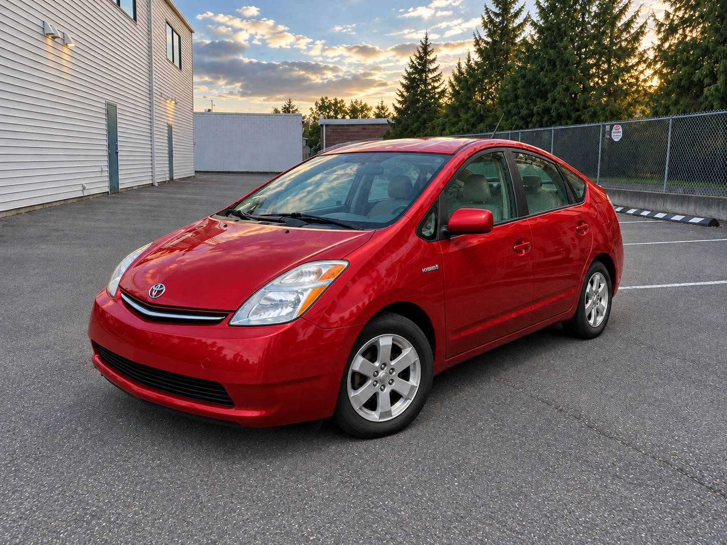 Red Toyota Prius hybrid parked outside a commercial building at sunset