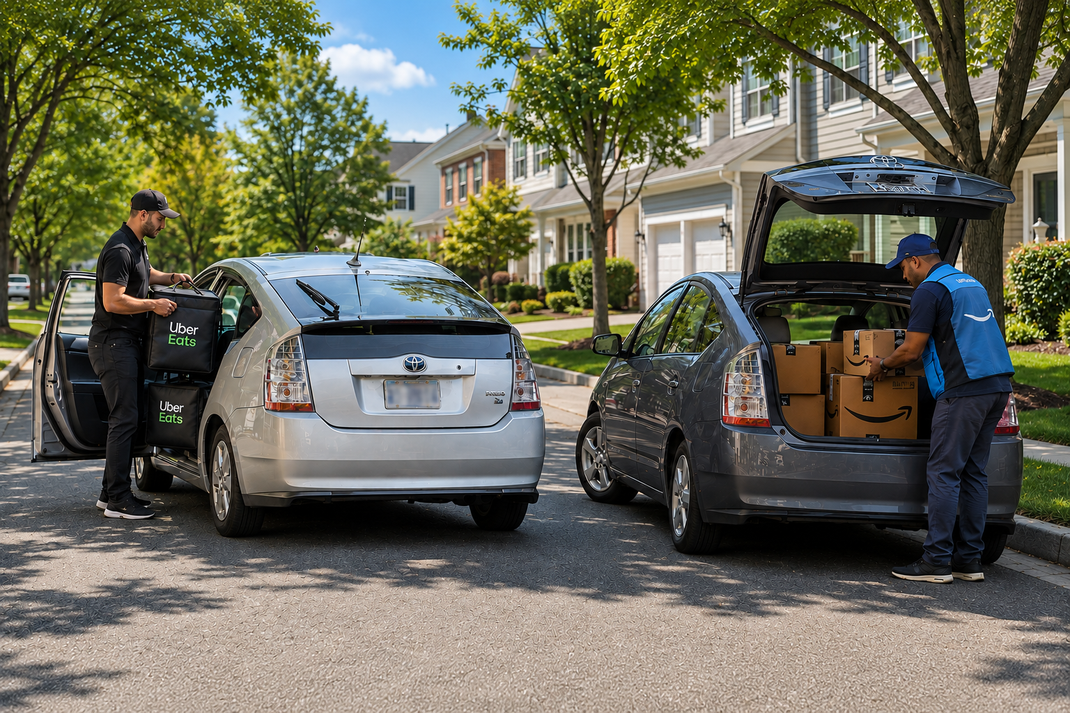 Uber Eats and Amazon delivery drivers loading packages into two parked cars on a tree-lined suburban street