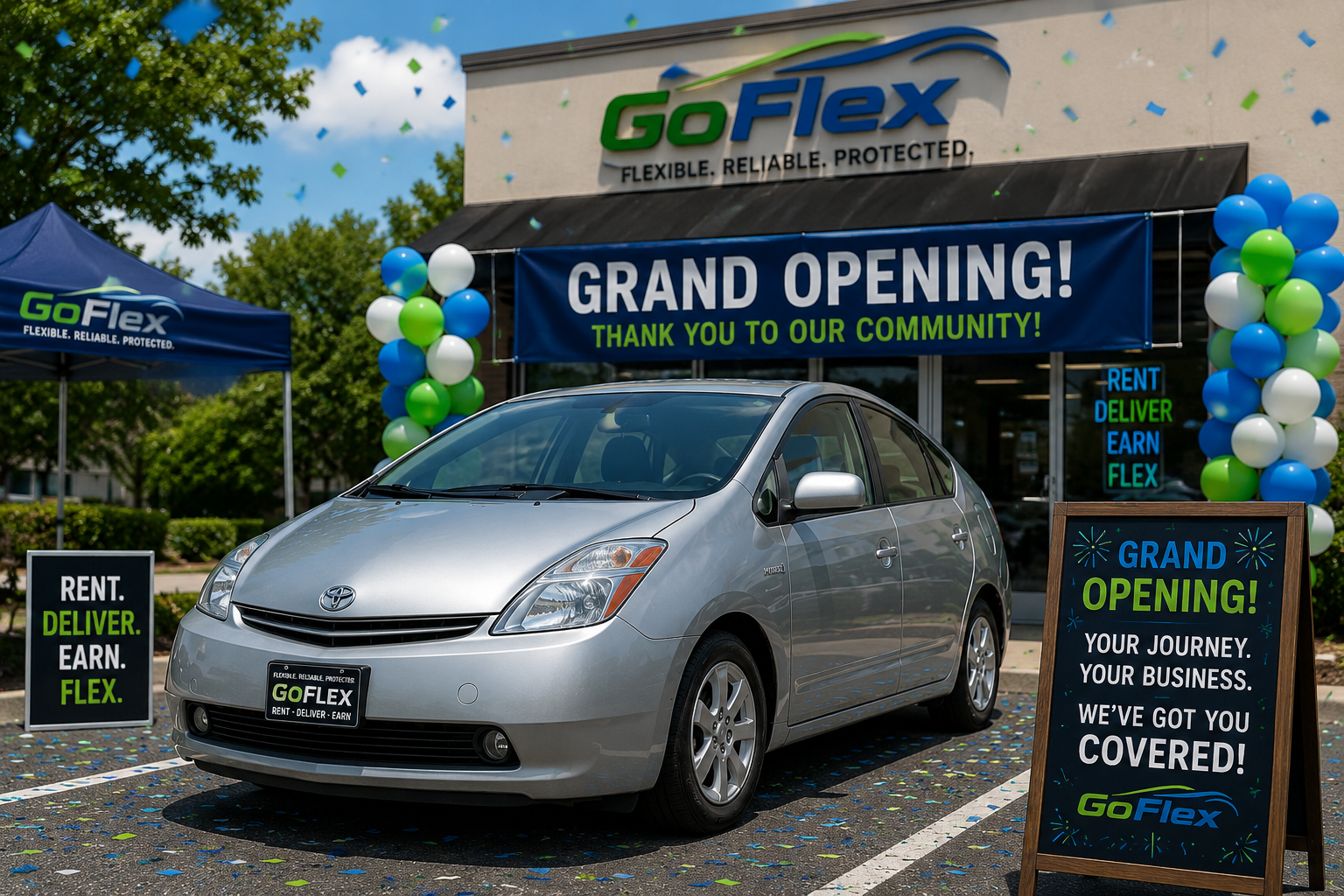 Silver Toyota Prius parked outside a GoFlex store during grand opening celebration with balloons, signs, and confetti.