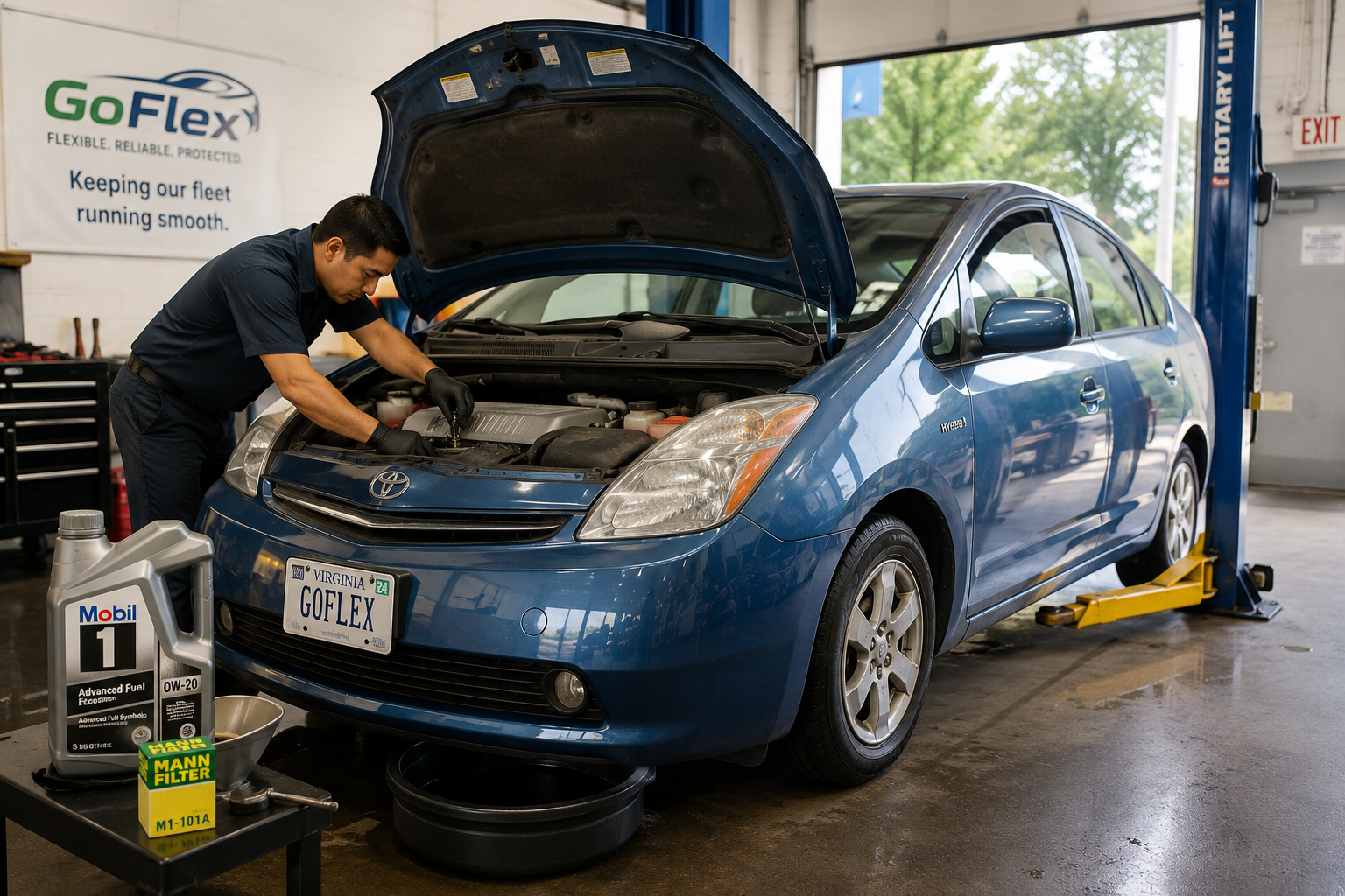 A mechanic working on a blue Toyota hybrid car with the hood open at an auto repair shop, with car maintenance supplies on a nearby table.
