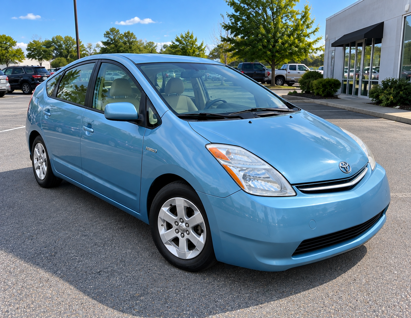 Blue Toyota Prius hybrid parked outside a car dealership