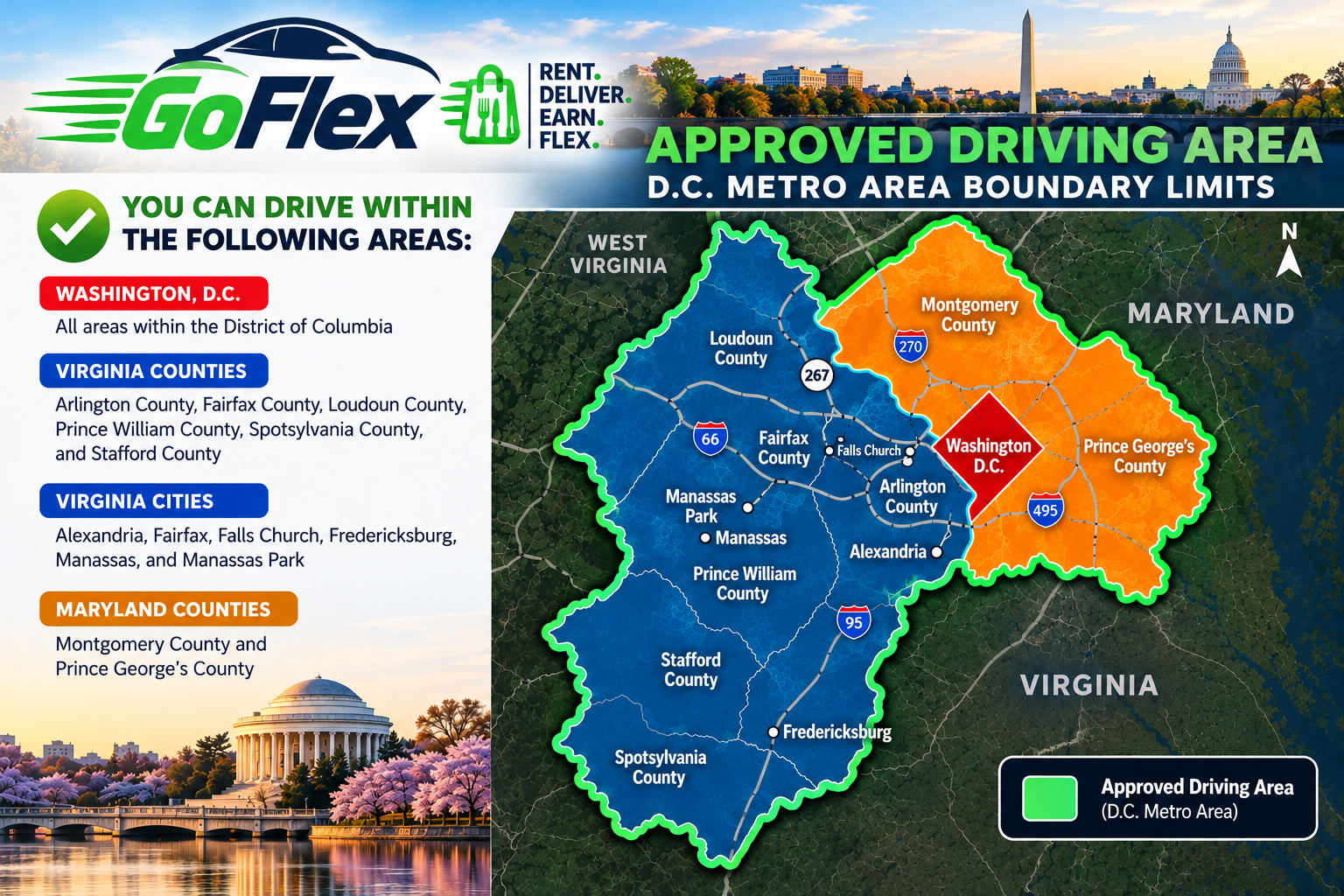 GoFlex approved driving area map for the Washington, D.C. metro area, including Washington, D.C., Northern Virginia counties and cities, and Montgomery and Prince George’s counties in Maryland.