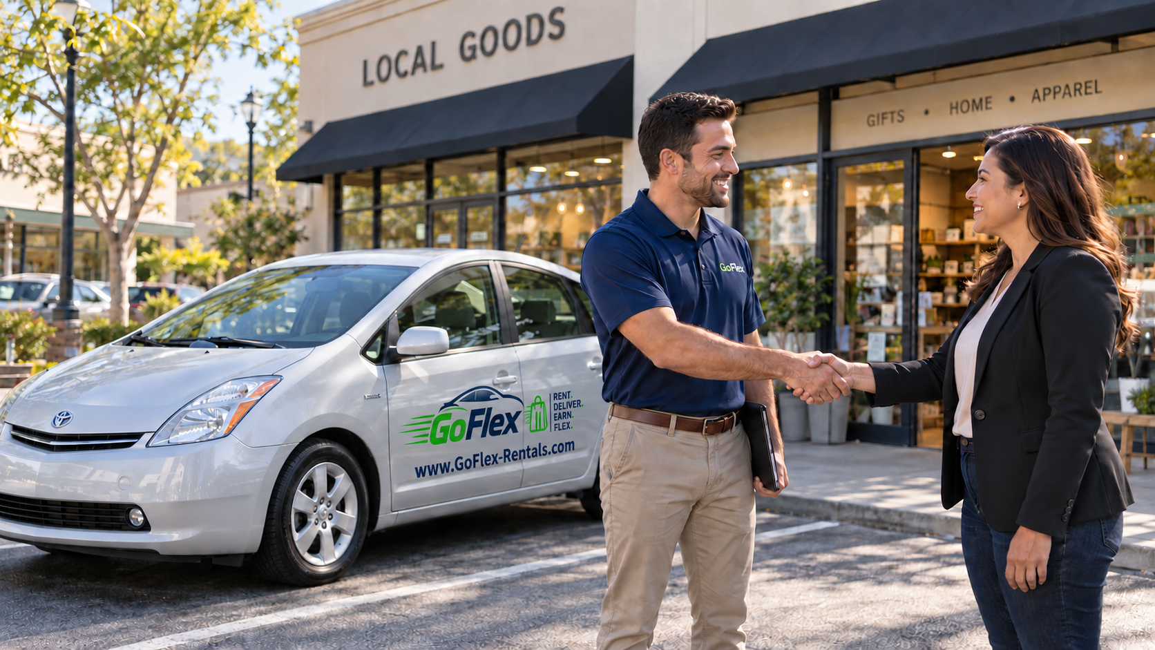 GoFlex rental representative shaking hands with a woman beside a branded Toyota Prius outside a local goods store