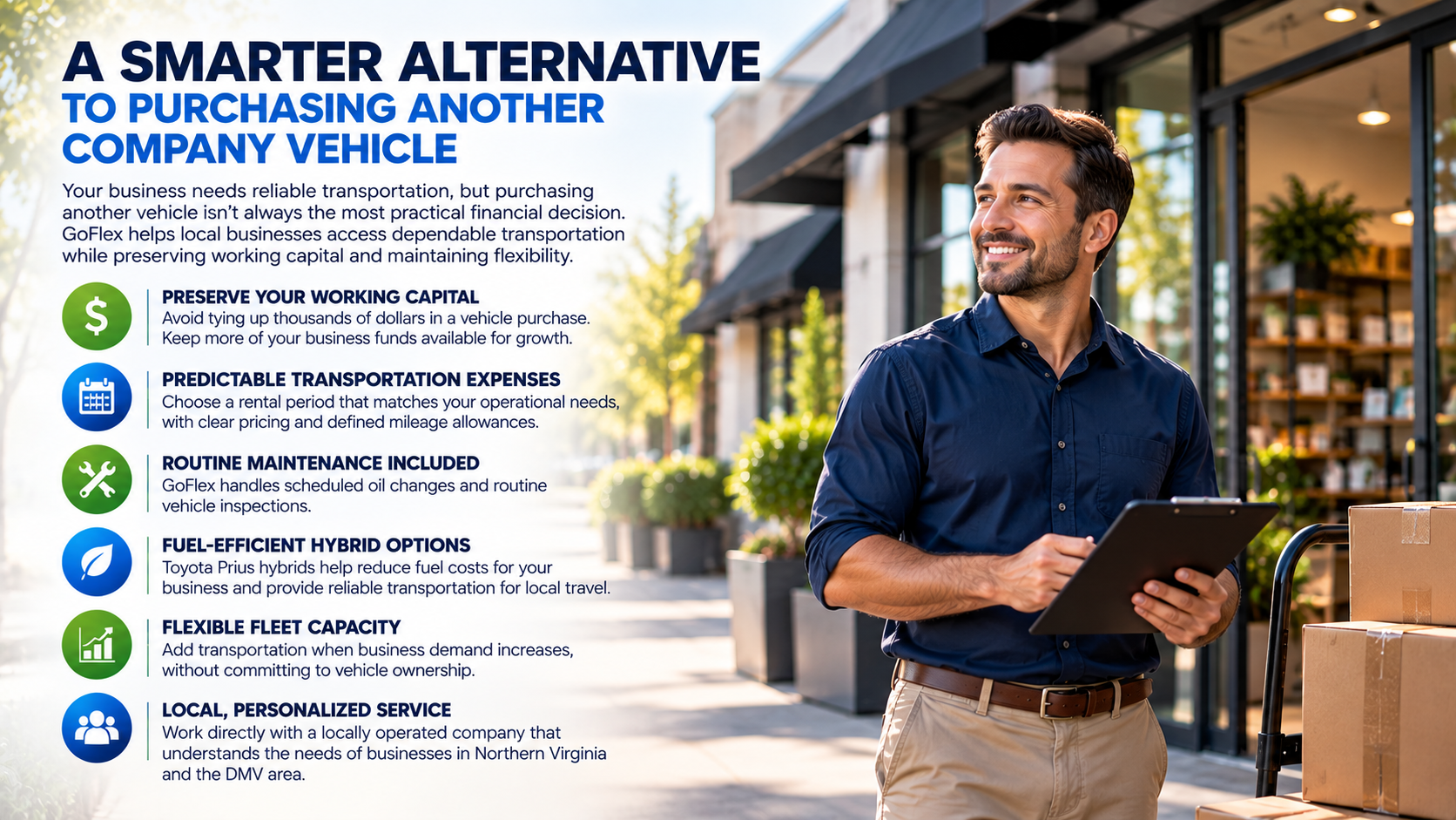 GoFlex business vehicle rental flyer featuring a delivery worker with boxes and benefits including flexible fleet capacity, maintenance, hybrid options, and predictable transportation expenses.