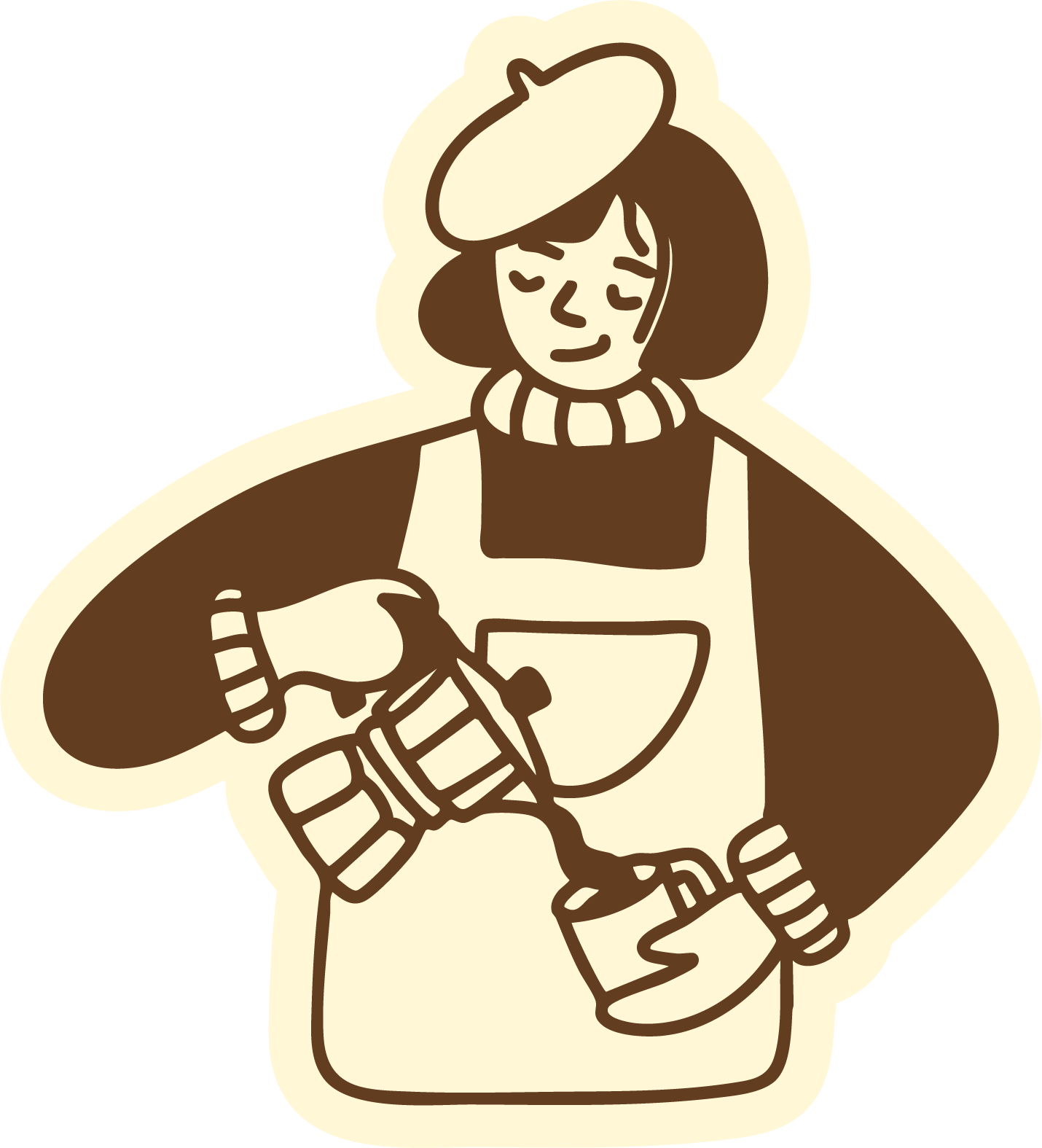 Une illustration sticker de femme en tablier qui sert une tasse de café.