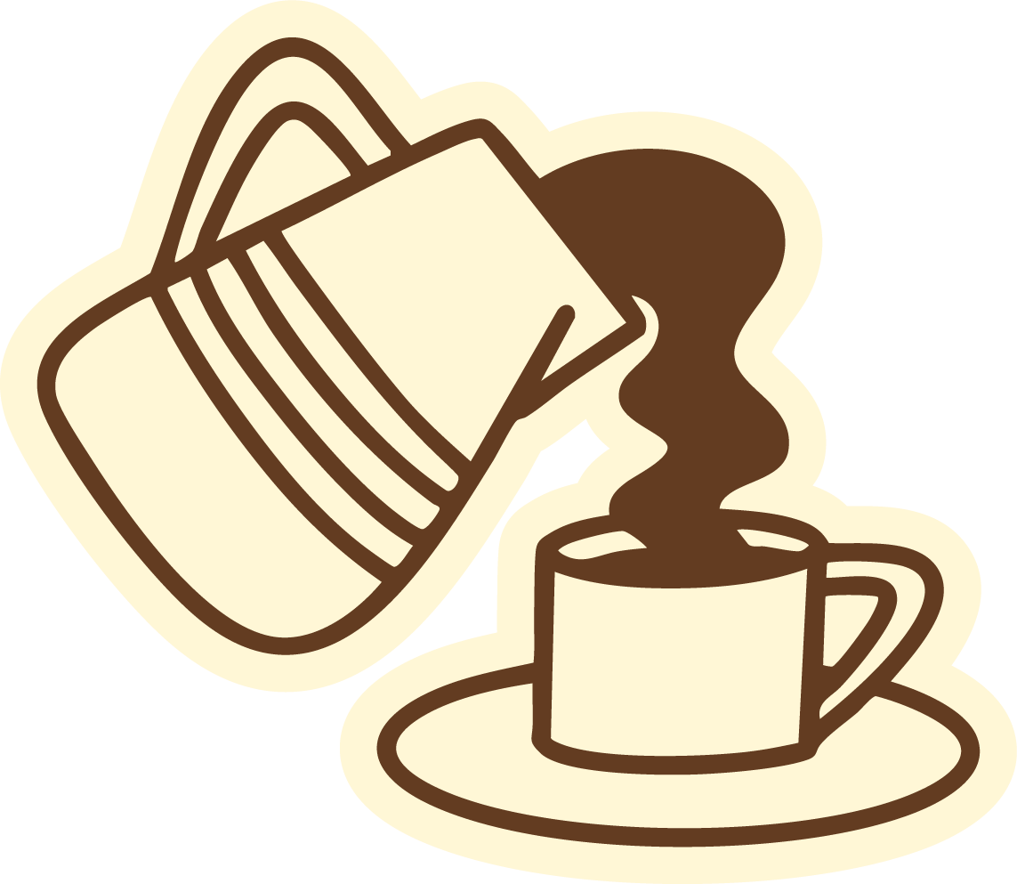 Une illustration simple d'une tasse de café noir avec une soucoupe, avec une cafetière versée en arrière-plan.