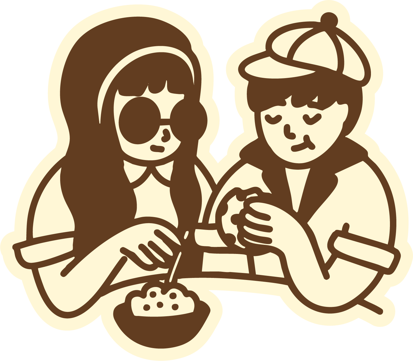 Une illustration de deux personnages, une fille avec des lunettes, un autre garçon avec une casquette, mangeant ensemble.