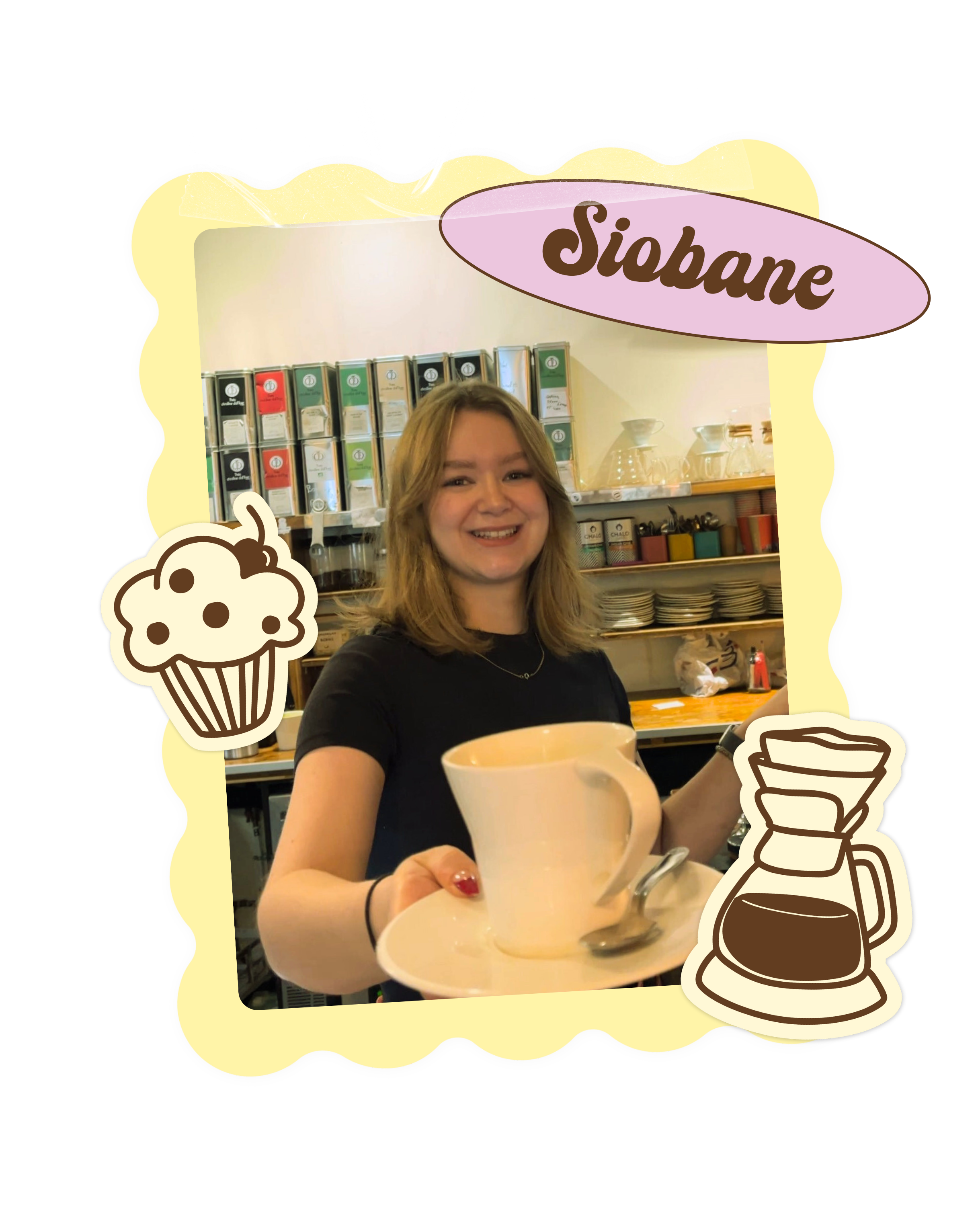 Une photo avec un cadre de photo avec le nom "Siobane" inscrit sur une bannière orange en haut à gauche