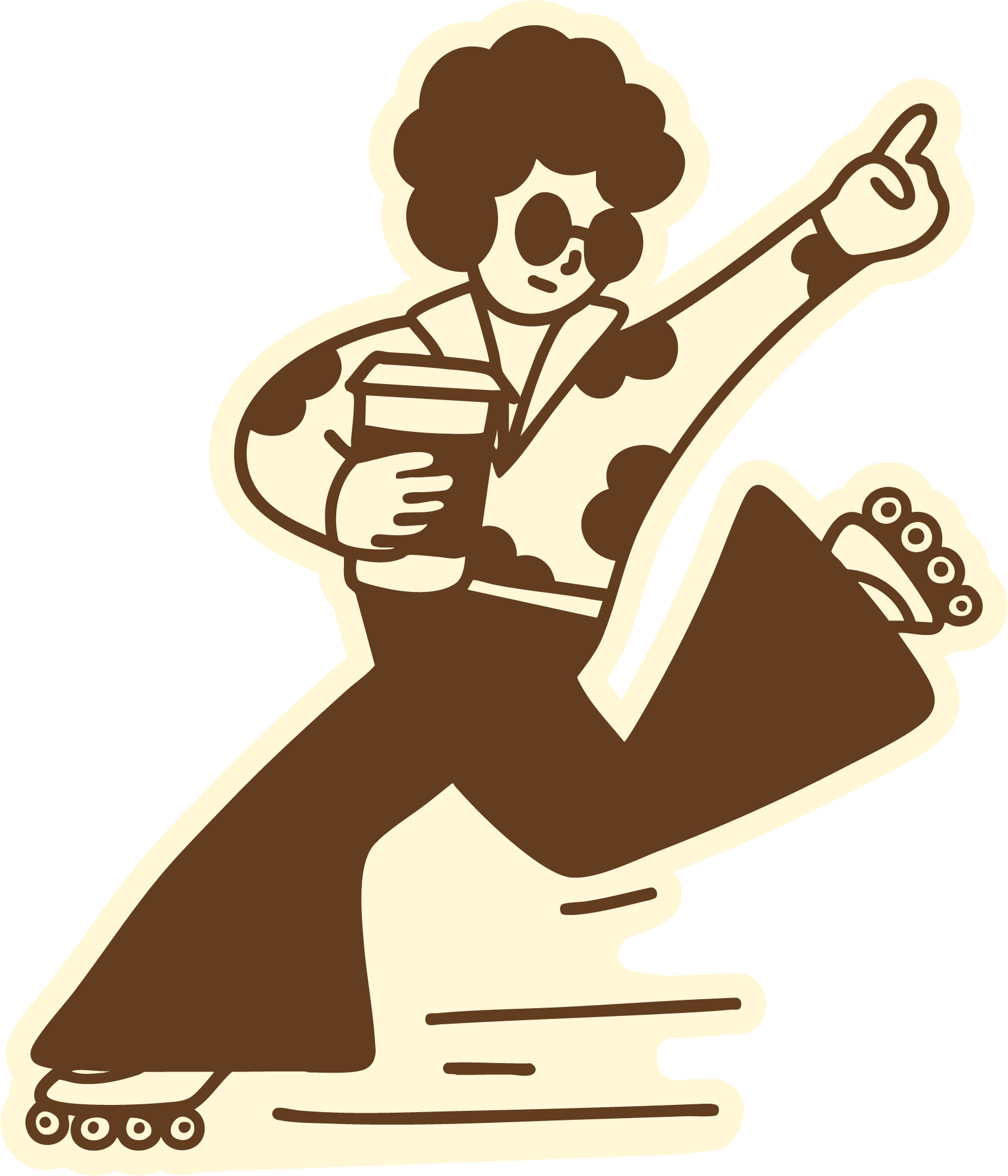 Une illustration sticker d'une personne en rollers, portant des lunettes de soleil, tenant un verre à la main et pointant du doigt, avec un fond simple.