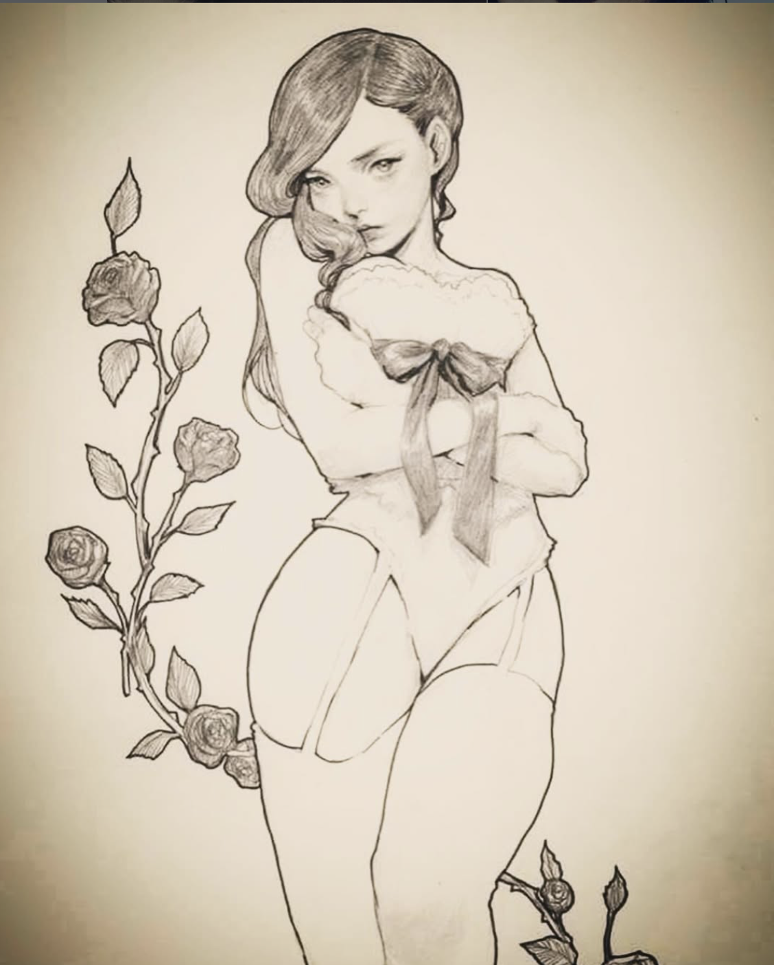 A black-and-white sketch of a woman with long, wavy hair, holding flowers tied with a bow, and surrounded by roses on a stem with leaves.
