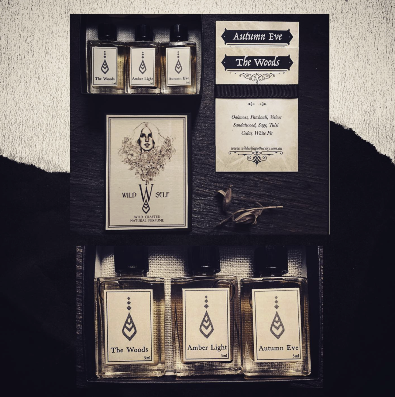 A display of three bottles of natural perfume labeled The Woods, Amber Light, and Autumn Eve, with corresponding small vials of the perfumes above. The display also features informational cards describing the scents and ingredients, along with dried herbs.