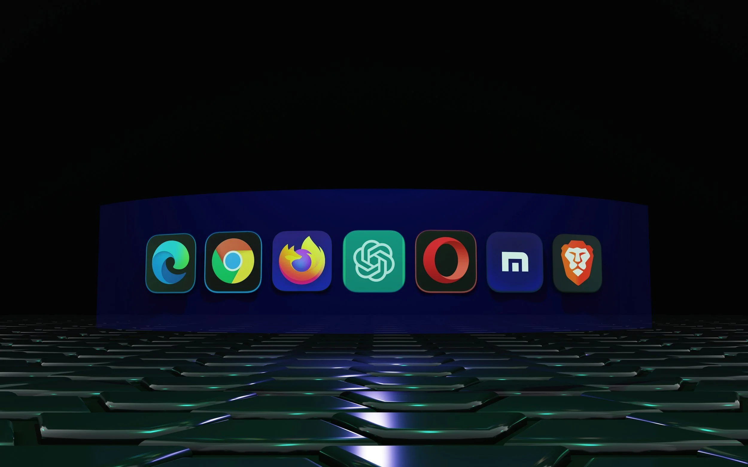 A digital display screen shows icons of web browsers and application logos, including Microsoft Edge, Chrome, Firefox, Chromium, Opera, and Brave, against a dark background with colorful, glowing reflections on a tiled surface.