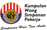 Logo with red, yellow, black stripes, a circular emblem in the center, and text in Indonesian including 'Kumpulan Wang Simpanan Pekerja' and 'Simpanan Hari Ini Untuk Masa Depan'.