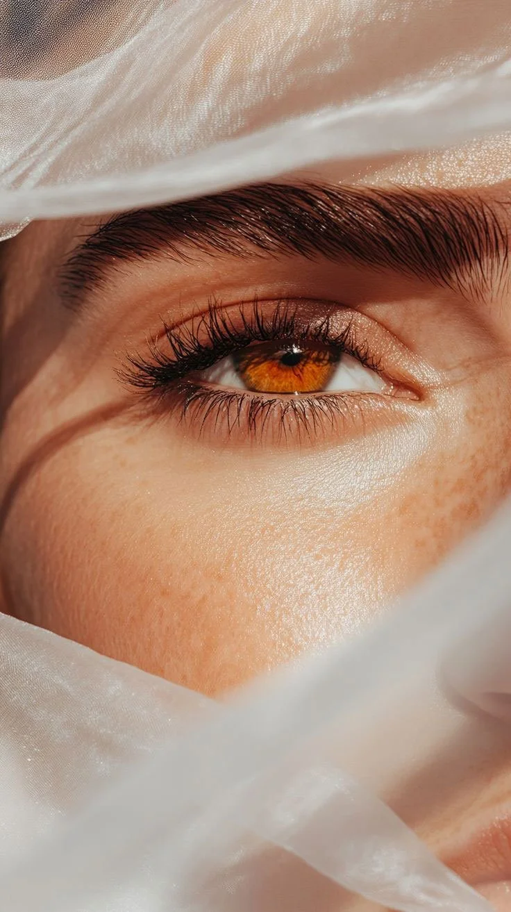 Close-up of a person's eye with amber-colored iris, long eyelashes, and well-groomed eyebrow, surrounded by silky white fabric.