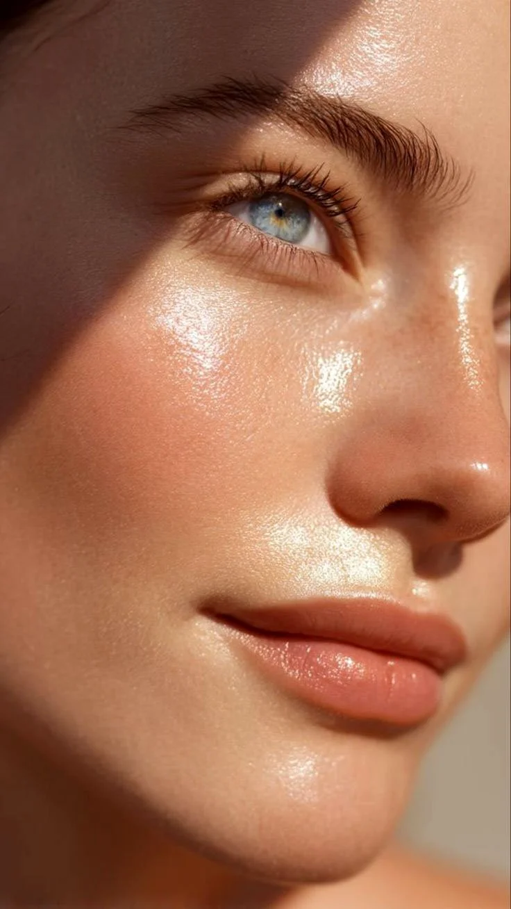 Close-up of a woman's face showing her eye, nose, and lips with smooth, glowing skin, and natural makeup.