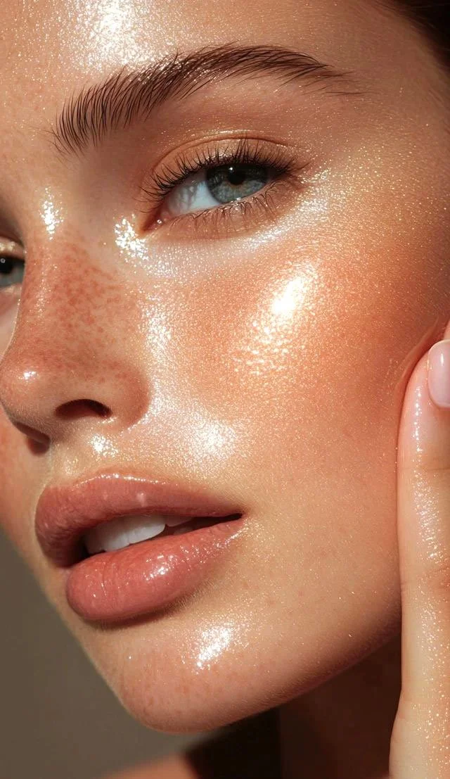 Close-up of a woman's face with dewy, glowing skin and light makeup, showing her eye, nose, and lips.