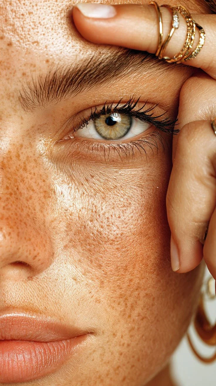Close-up of a woman with green eyes, freckles, and golden jewelry on her fingers and nose, touching her forehead.