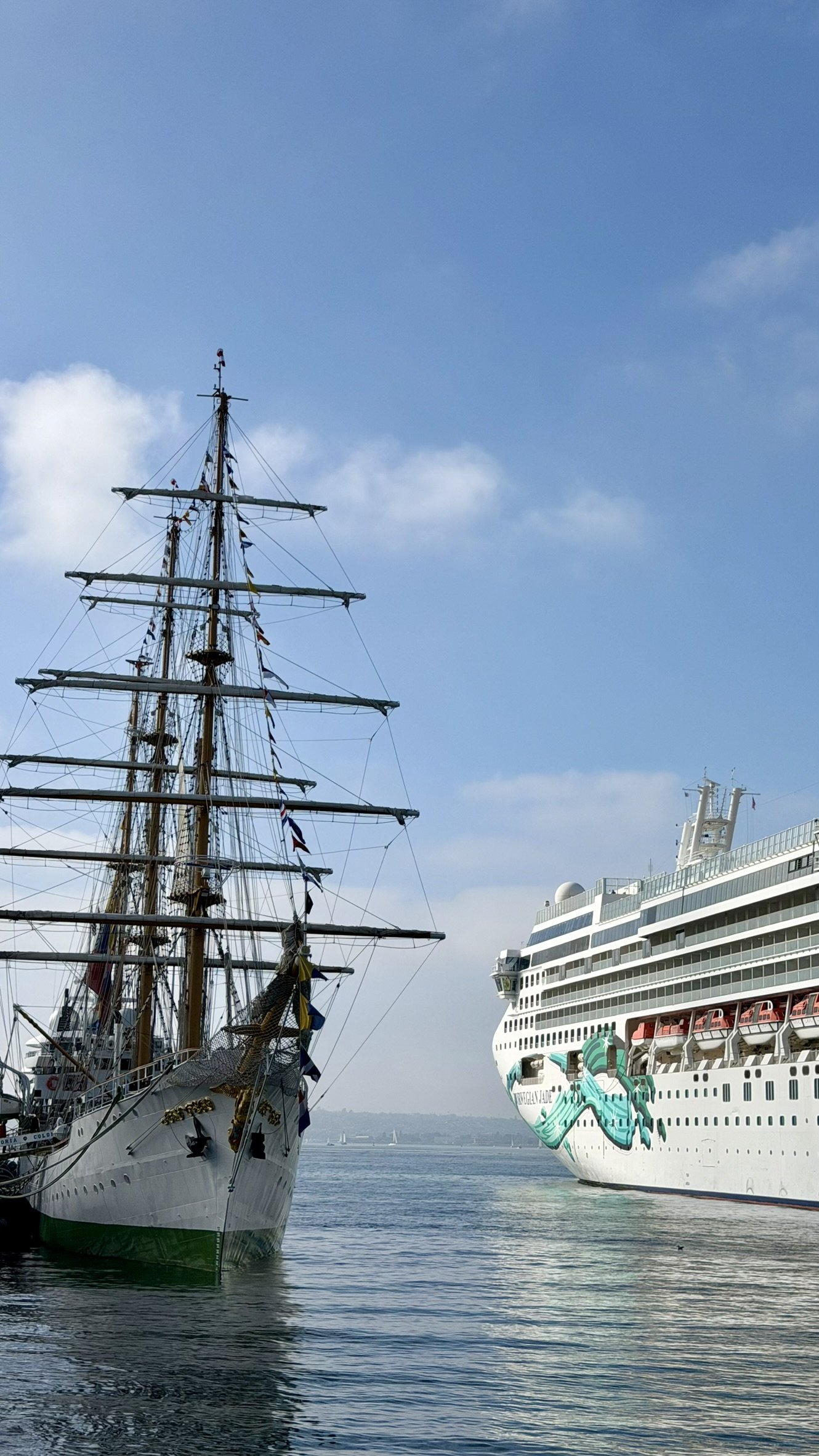 A historic sailing ship with tall masts and rigging docked near a modern cruise ship with a sea and blue sky in the background.