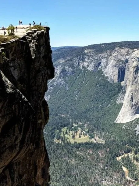 People standing near the edge of a high cliff overlooking a scenic valley with trees and mountains.