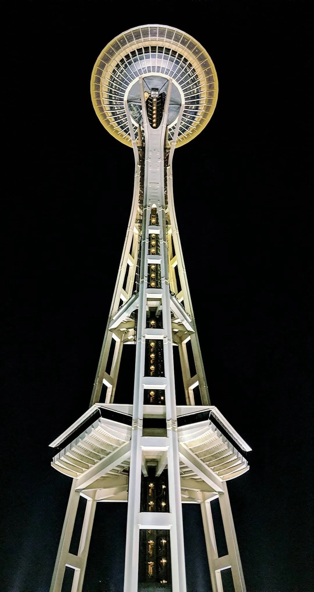 View of the Space Needle in Seattle at night, illuminated against a dark sky.
