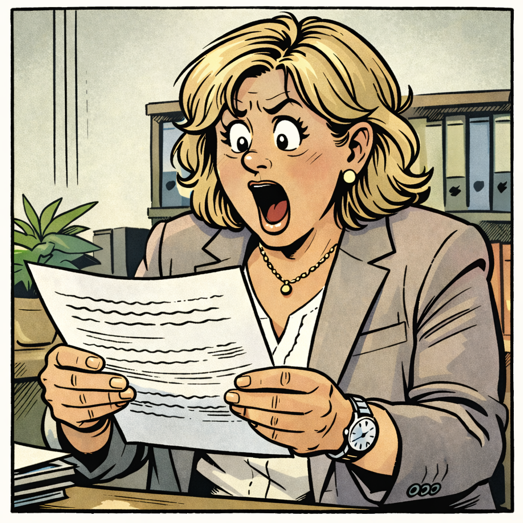 Eine Frau im Geschäftsanzug liest erschrocken einen Bericht mit den Ergebnissen der Mitarbeitenden-Befragung in einem Büro.