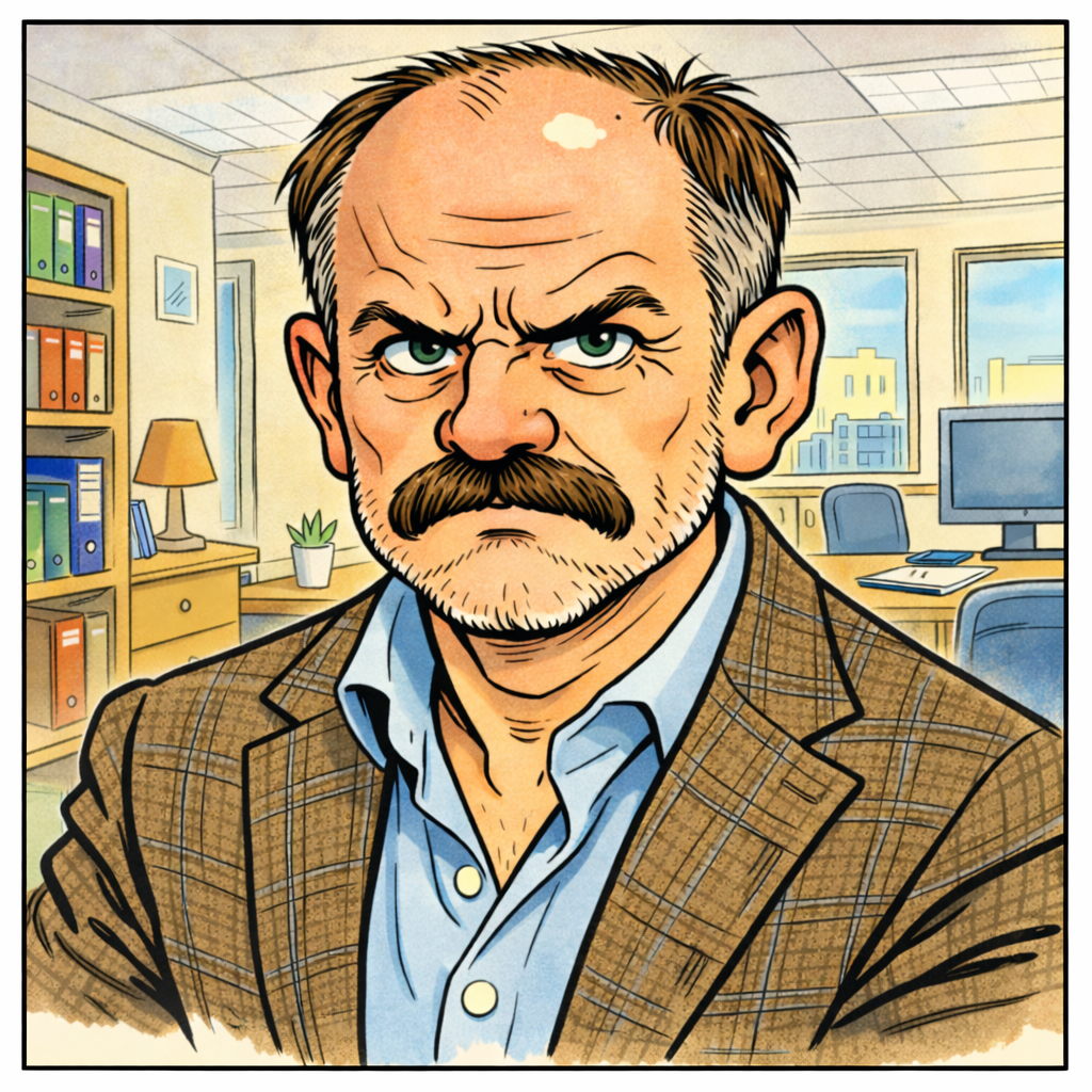 Cartoonbild eines Mannes mit ernstem Gesichtsausdruck im Büro, mit Bücherregal, Schreibtisch, Computer und Fenster im Hintergrund.