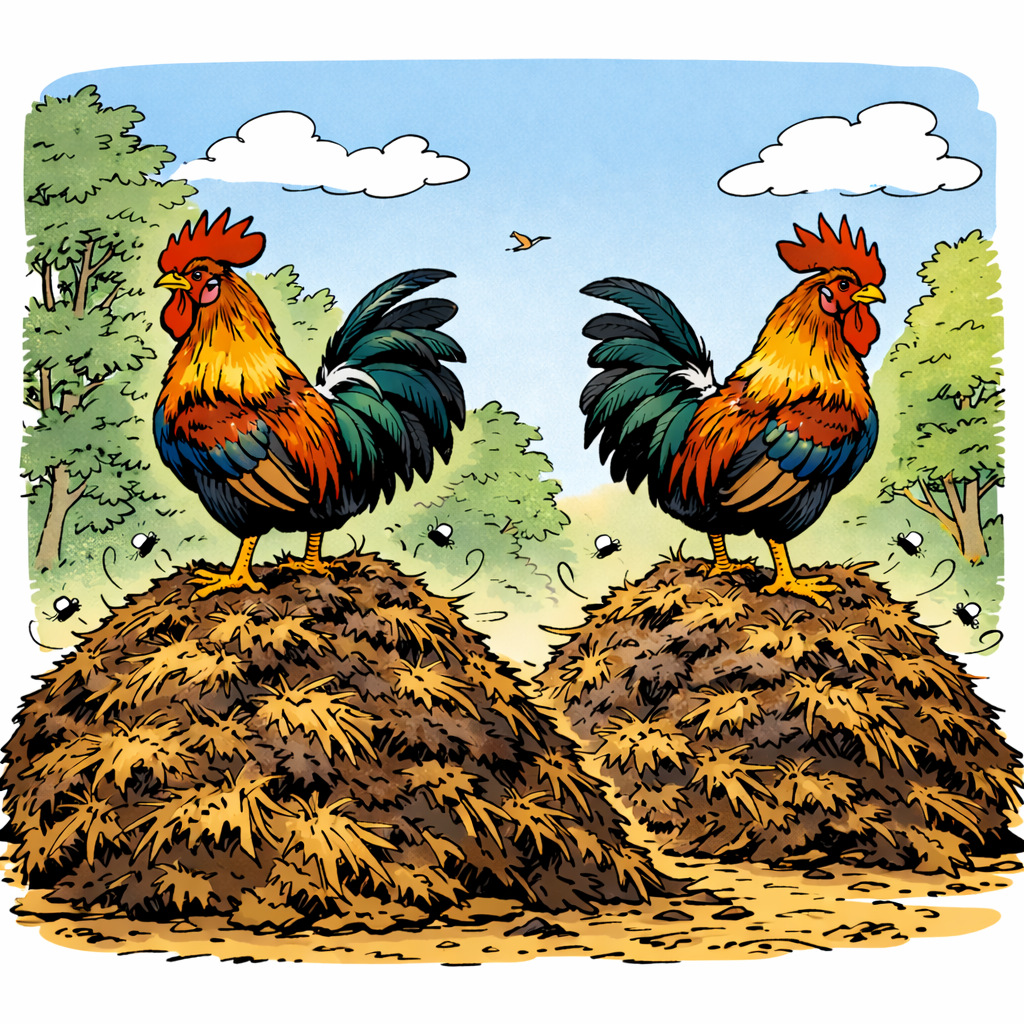 Zwei farbige Hähne stehen auf Strohballen in einem Garten mit Bäumen und Wolken am Himmel.