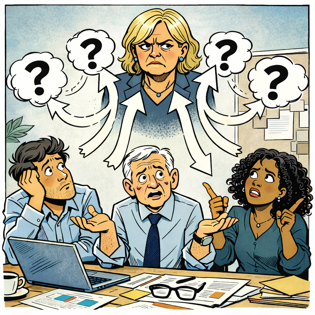 Eine Comic-Szene mit drei gestressten Menschen in einem Büro, die über ein Problem diskutieren. Über ihnen schwebt die Chefin mit einer ernsthaften Miene, umgeben von Sprechblasen mit Fragezeichen, die auf Verwirrung oder Unsicherheit hinweisen.