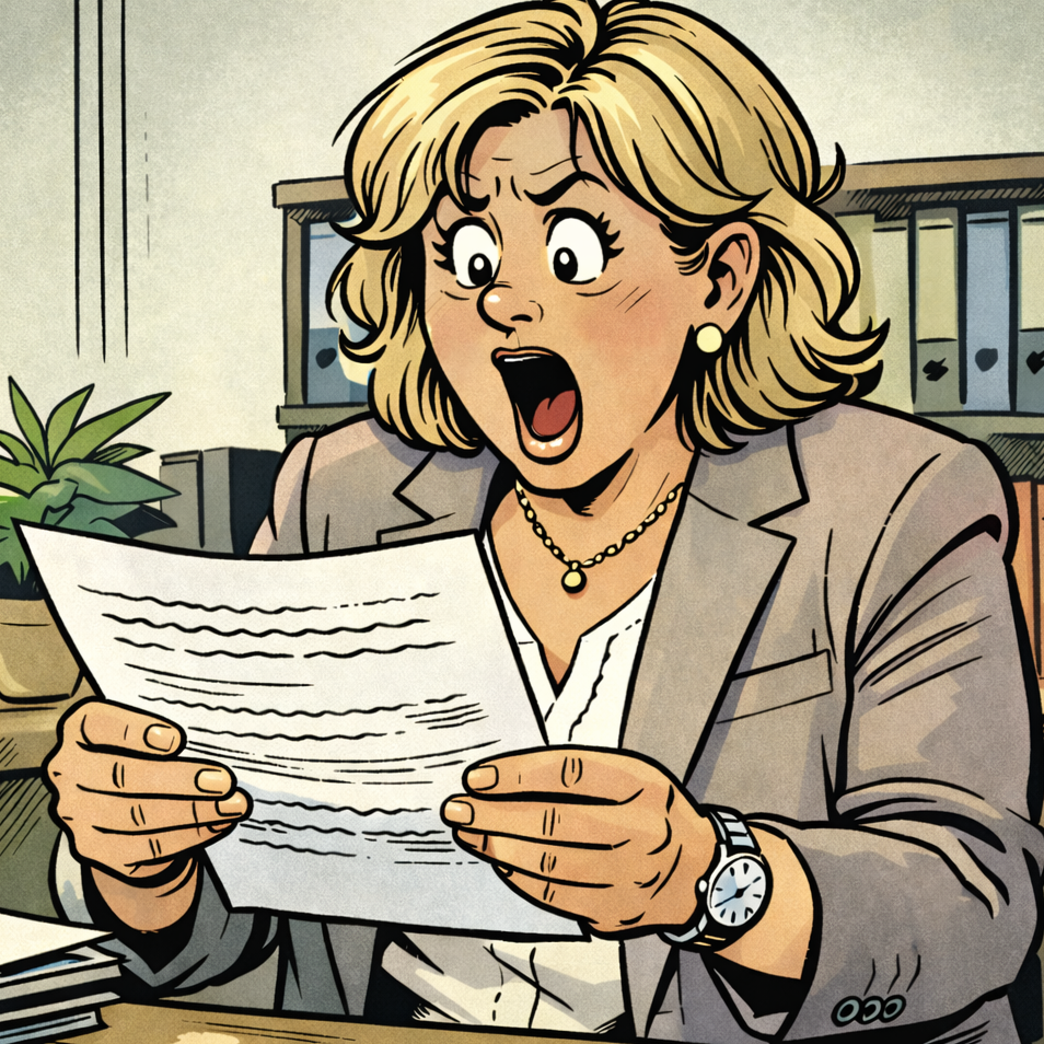 Eine Frau im Geschäftsanzug liest erschrocken einen Bericht mit den Ergebnissen der Mitarbeitenden-Befragung in einem Büro.