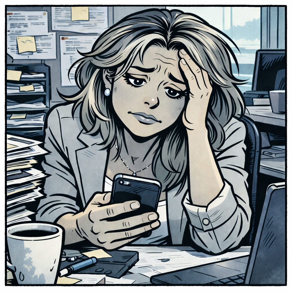 Eine Frau sitzt an einem Schreibtisch, umgeben von Aktenordnern und Papieren, sieht besorgt und verzweifelt aus, hält sich den Kopf und schaut auf ihr Smartphone, mit einer Tasse Kaffee und einem Laptop vor ihr.