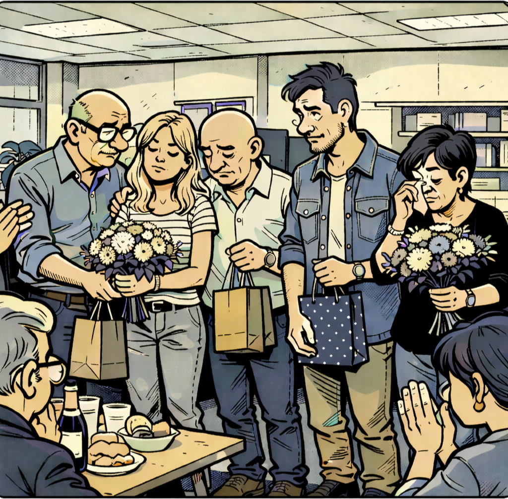 Eine Gruppe von Menschen steht zusammen, man nimmt traurig Abschied von Kolleg:innen. Es werden Blumen und Geschenkstüten überreicht, manche haben die Hände vor dem Gesicht. Es ist ein emotionaler Moment in einem Büroraum.