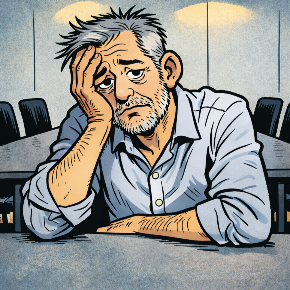 Ein Mann sitzt an einem Tisch in einem Konferenzraum, sieht erschöpft oder nachdenklich aus, mit einer Hand am Kopf, graues Haar und Bart, trägt ein hellblaues Hemd.