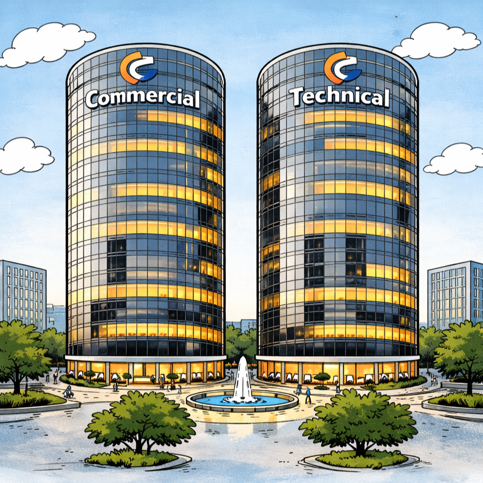 Zwei stora runde Bürotürme mit Glasfassaden, die die Wörter 'Commercial' und 'Technical' tragen, stehen in einer modernen Stadt, umgeben von Bäumen, einem Brunnen und Fußgängern.