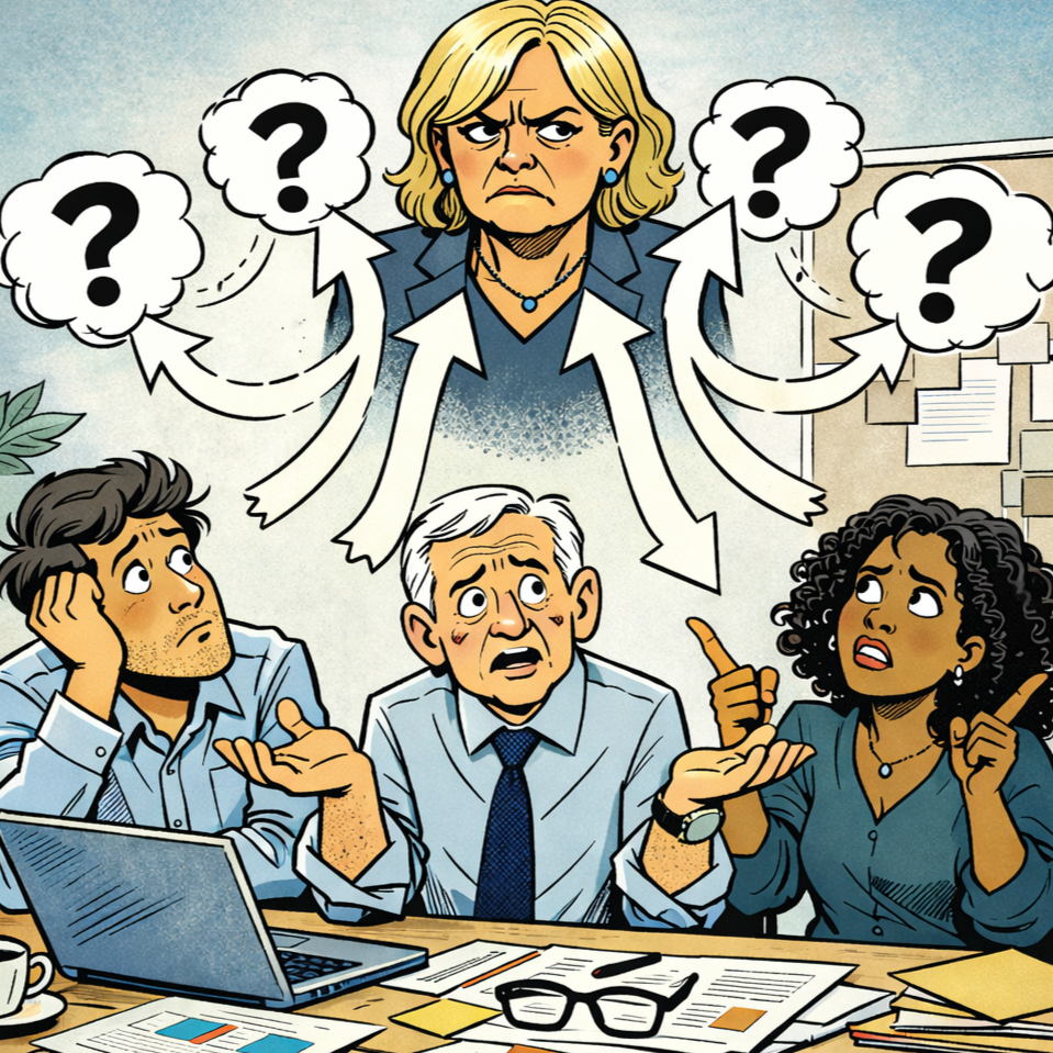 Eine Gruppe von drei Menschen in einem Meeting, die verwirrt und diskutierend aussehen, während eine symbolische Figur über ihnen steht, die viele Fragezeichen um sich herum hat.